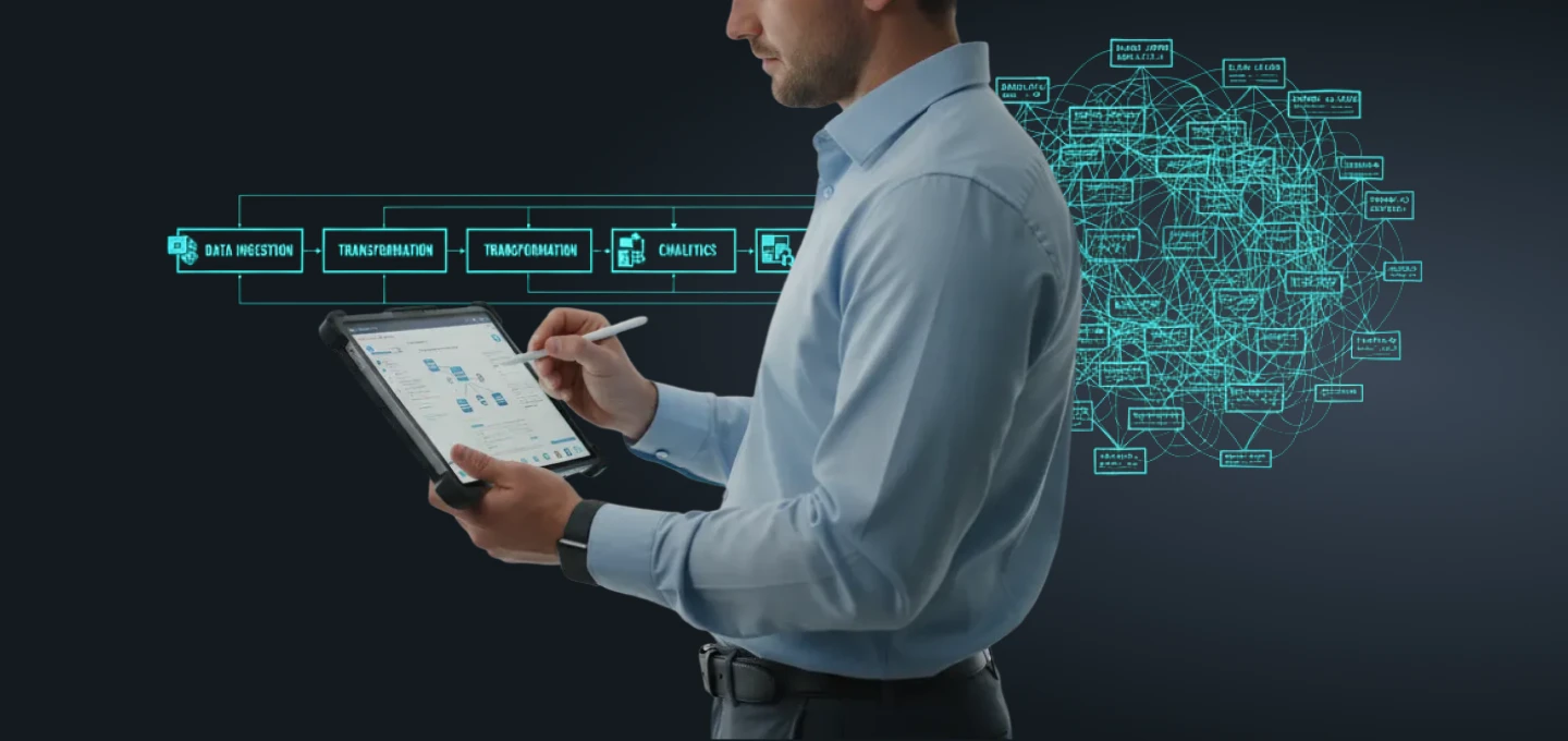  A man in a light blue shirt uses a stylus on a tablet showing a data flow diagram, with a complex network graph and a process chart (Data Ingestion to Analytics) in the background.