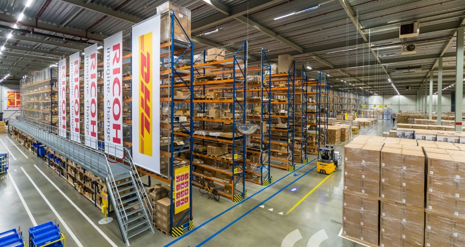 A warehouse with a forklift