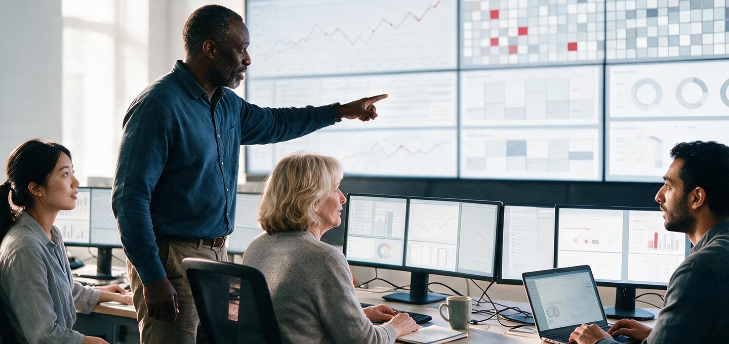 Security Operations Centre analysts monitoring cyber threats and incident response metrics across enterprise dashboards