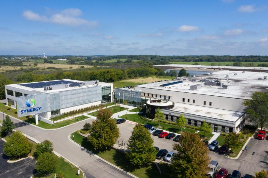 Aerial view of Synergy's modern manufacturing facility and office campus, supporting efficient production and business operations.