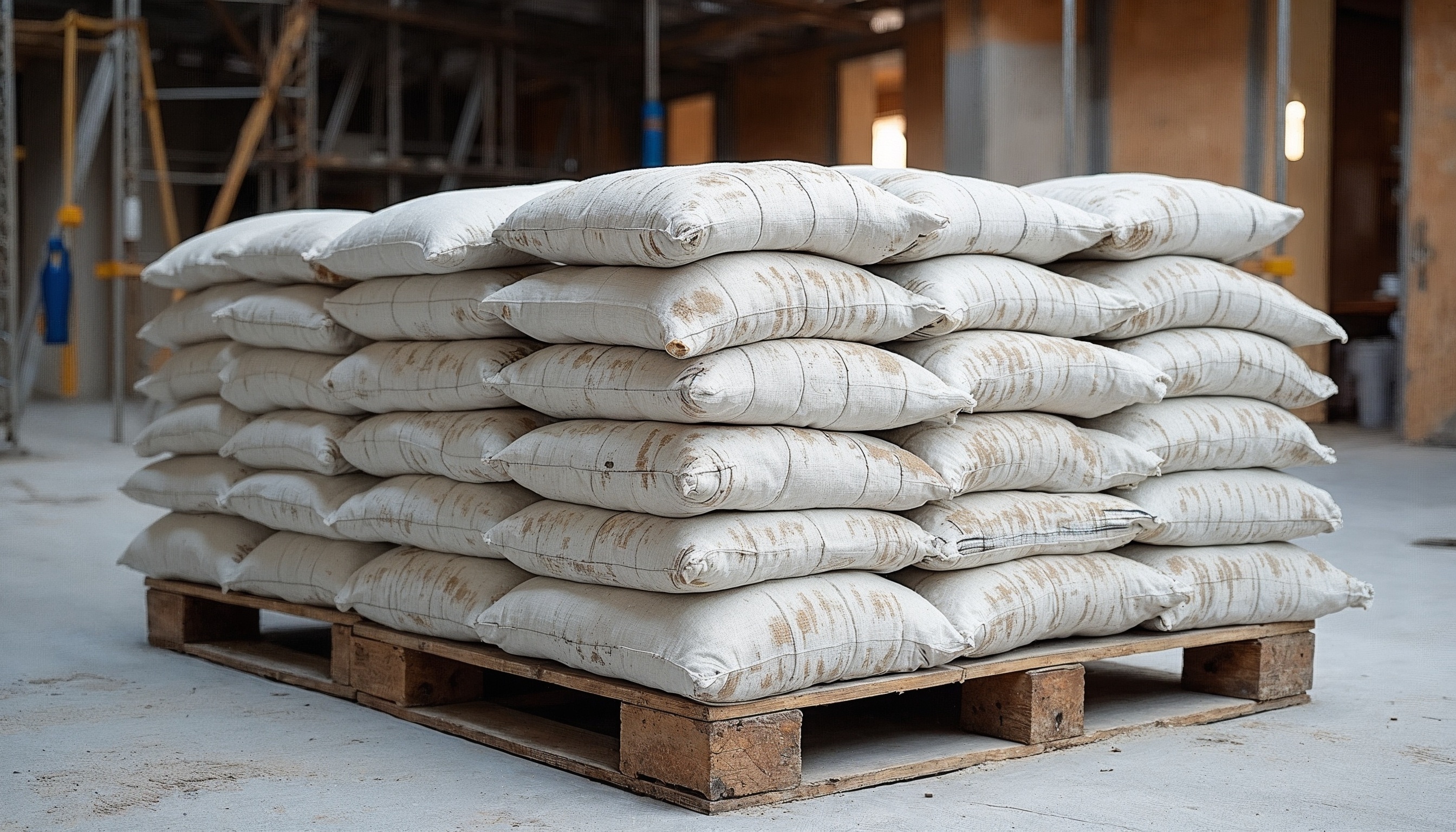 Stacked white cement bags arranged neatly on a wooden pallet