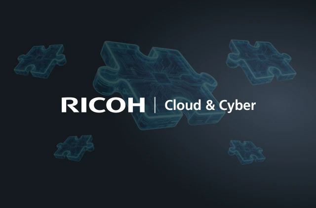 Ricoh Cloud & Cyber logo on a dark blue background with digital puzzle-piece graphics and subtle technology patterns.