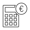 Calculator icon with a euro symbol, representing cost calculation, budgeting and savings.