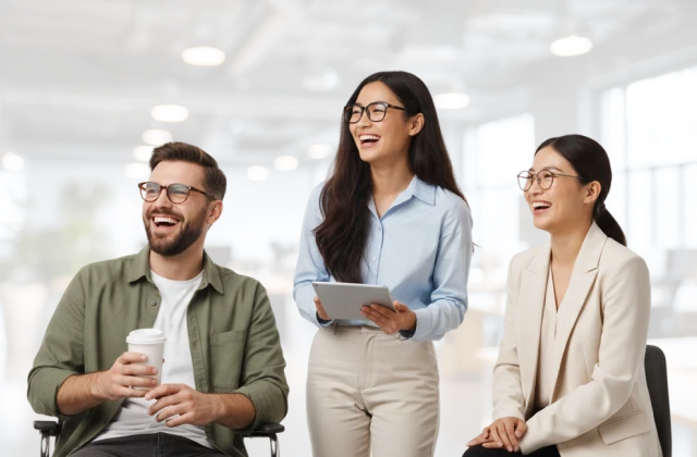 Person holding a laptop with concentric circles linking them to various workplace scenes in small surrounding frames.