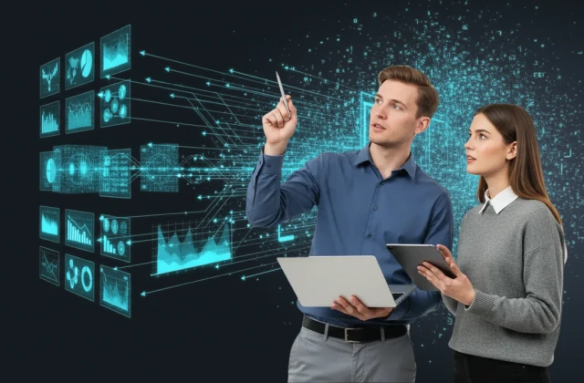 A man and a woman analyze glowing blue data visualizations, connecting them to a stream of digital information.