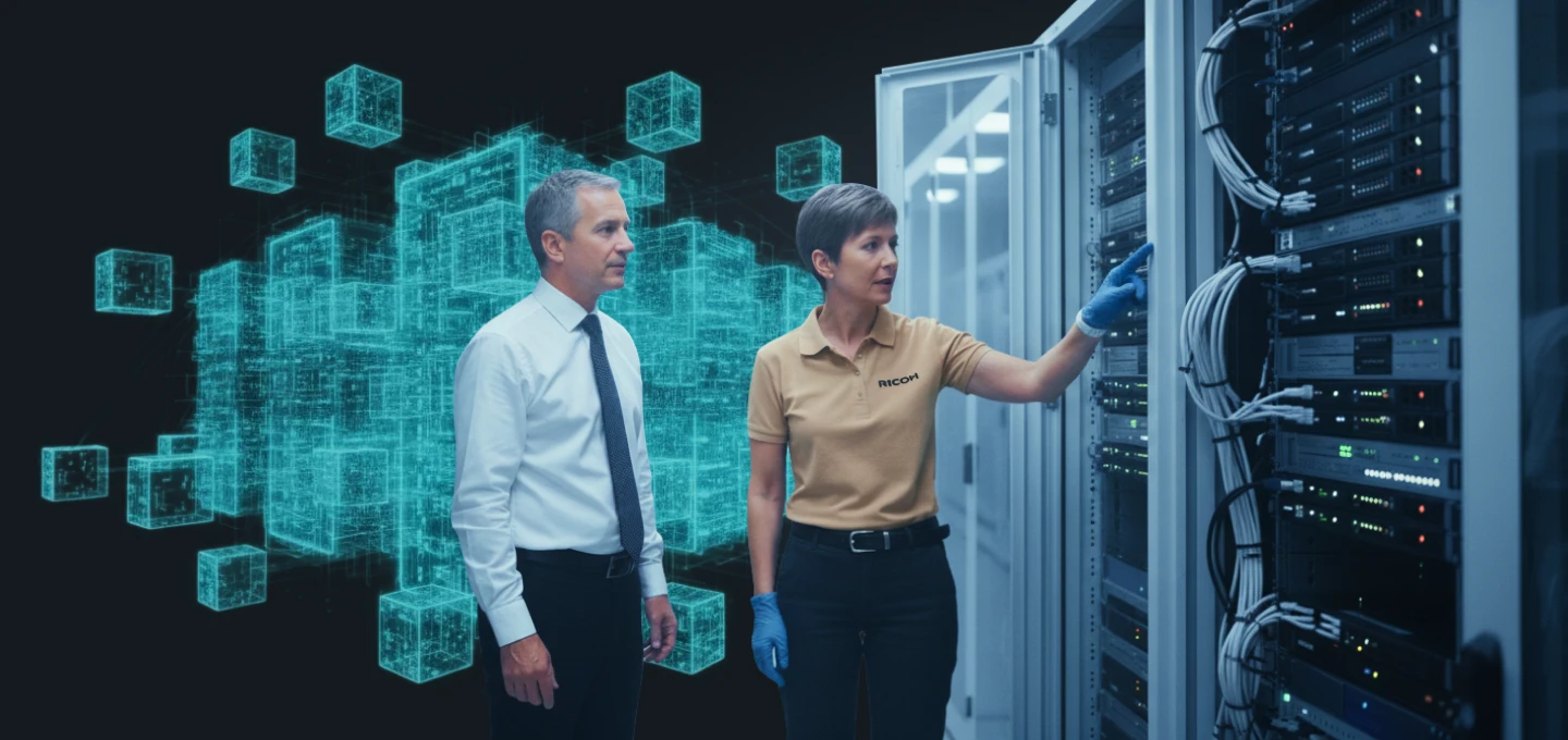 A 3D isometric diagram of modular data center infrastructure. A central, glowing cube (representing the core processor or data fabric) is connected by bright cyan light-lines (representing data flow) to various labeled black modular blocks. The blocks are labeled 'COMPUTE' (two blocks on the left), 'STORAGE' (two blocks on the upper right), 'NETWORKING' (entering from the top left), and 'SCALE WITH CONFIDENCE' (exiting from the bottom right). The image symbolizes integrated, scalable, and connected digital infrastructure.