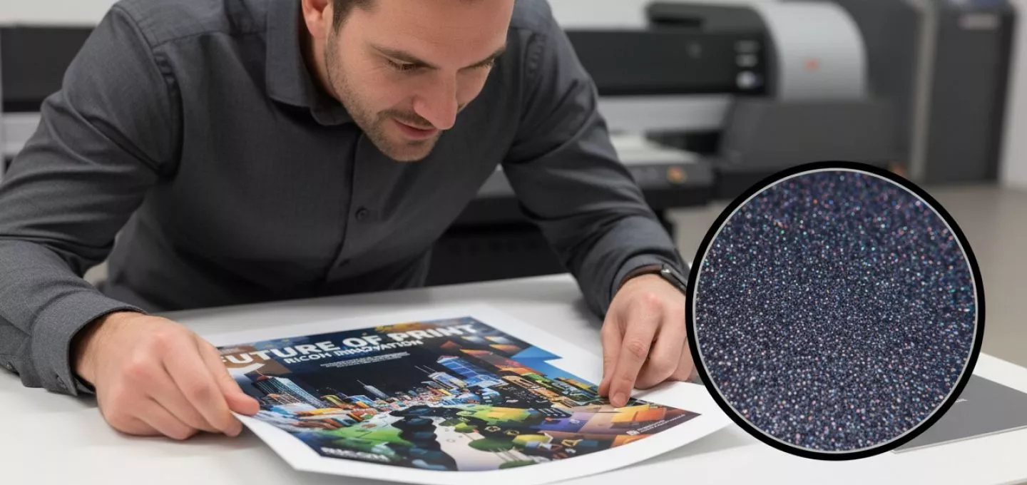 A professional showcase of Ricoh printing technology producing dazzling, ultra-high-quality output. The scene features a vibrant printed poster with sharp text, smooth gradients, and vivid colors that stand out with exceptional clarity. A detail view highlights the 635 x 1800 dpi resolution and the precision of variable-drop technology. Another print sample demonstrates the effect of a clear ink overlay, adding glossy, eye-catching highlights that elevate the design to a premium finish. The composition conveys durability, brilliance, and professional-grade quality, with a polished, well-lit environment emphasizing advanced technology and premium output.