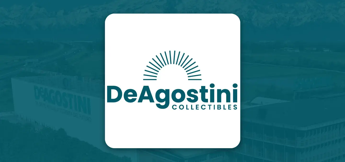 DeAgostini Collectibles logo displayed on a branded background, representing curated collectible publishing and subscription‑based product collections.