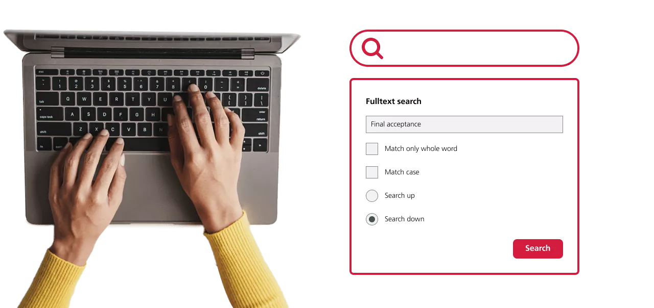 A top-down view of hands typing on a laptop keyboard is juxtaposed with a digital search interface showing a full-text search field populated with "Final acceptance" and several search options.