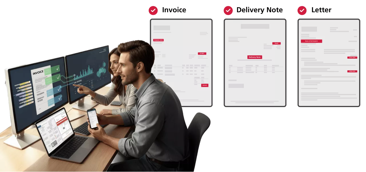 Two business professionals, a man and a woman, sit at a desk reviewing documents on dual computer monitors and a laptop, while the screen highlights three types of digital documents above them: an Invoice, a Delivery Note, and a Letter, each marked with a red checkmark.