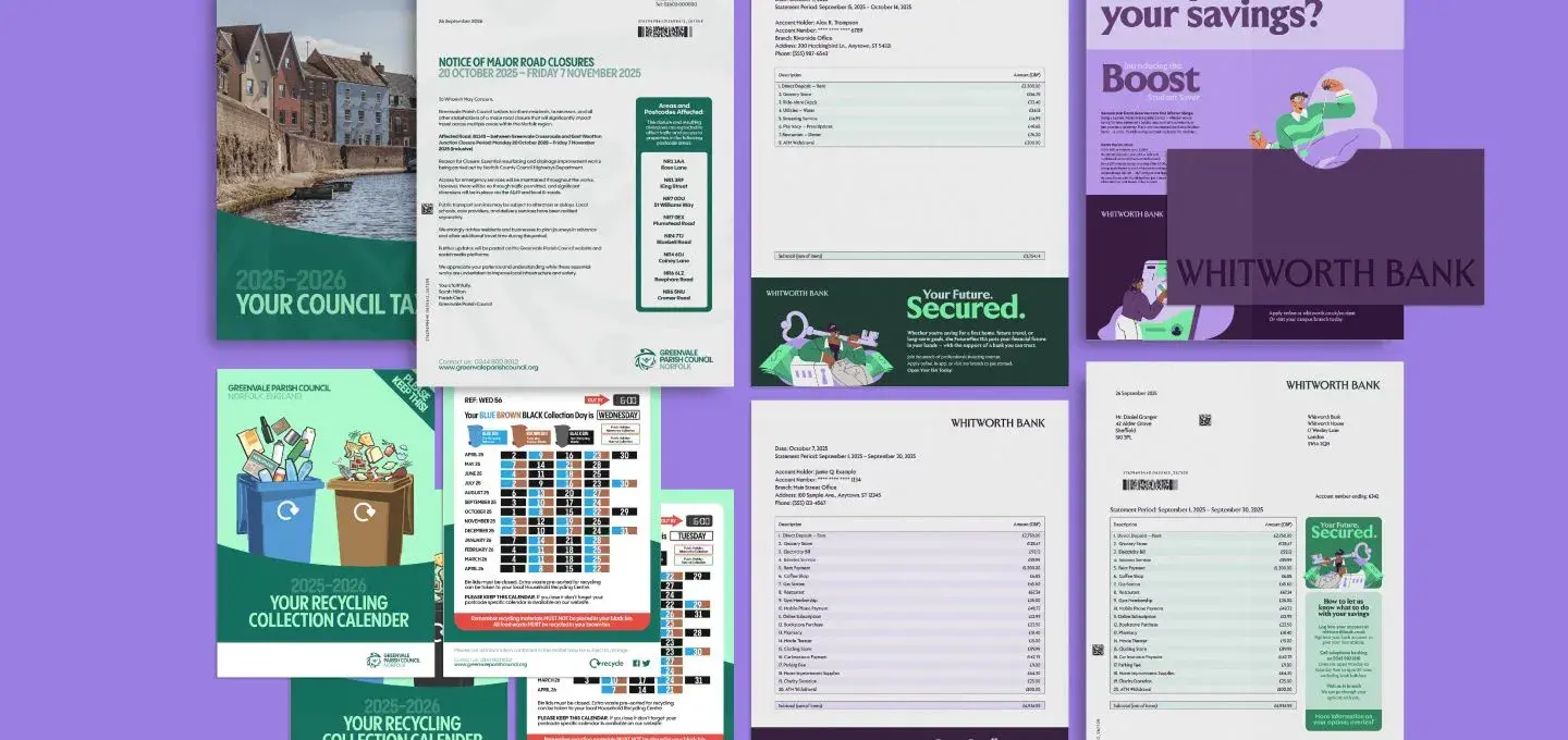 A collage of documents on a purple background. Includes bank statements, recycling calendar, council tax notice, and informative flyers, conveying organization.