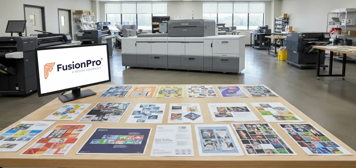 A bright printing room shows a table with various colorful printed materials. A monitor displays the FusionPro logo. Large printers and shelves are in the background.