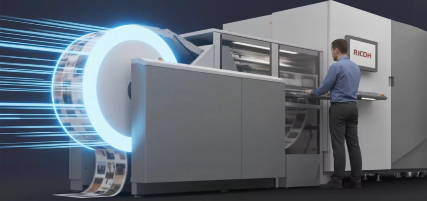  A large industrial printer is shown with a huge roll of paper feeding into it. A glowing blue circular light highlights the paper roll, with streaks of light shooting forward to emphasize the high speed. A person is standing at the machine's controls, and a Ricoh logo is visible on the side. The overall aesthetic is dark and technological.