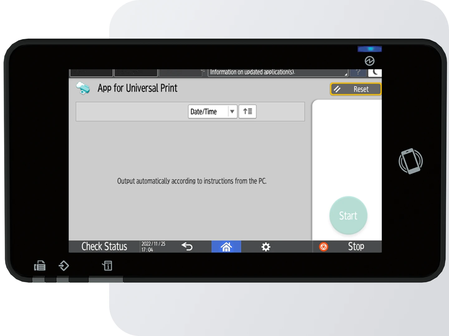A hand with a pointer finger taps on a large black touch screen display, labeled "App for Universal Print," showing options for date/time and a "Reset" button. The screen also displays "Output automatically according to instructions from the PC." Below the main screen, there are icons for "Check Status," home, settings, and "Stop."