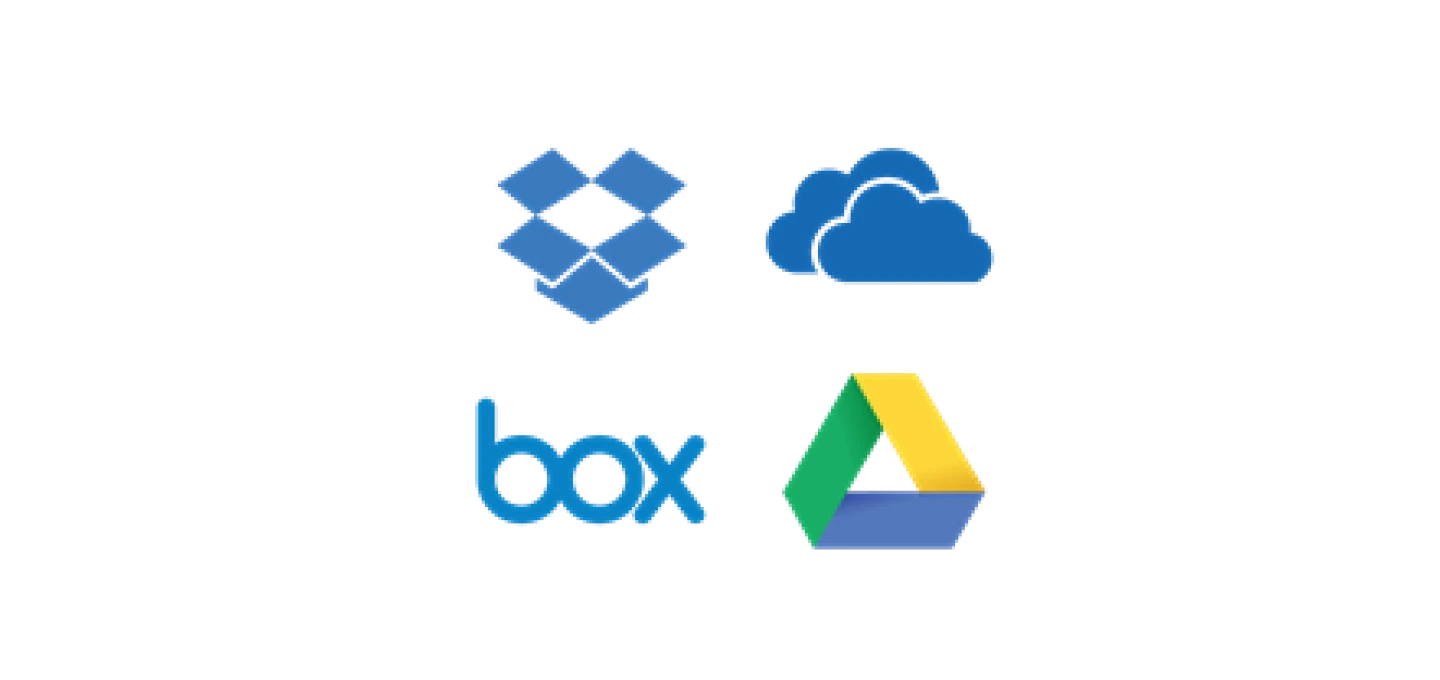 Logos for popular cloud storage services: Dropbox, iCloud, Box, and Google Drive.