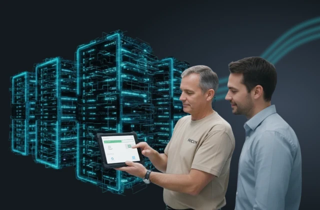 Two men look at a tablet screen with an interface, against a background of glowing blue virtual data centers.