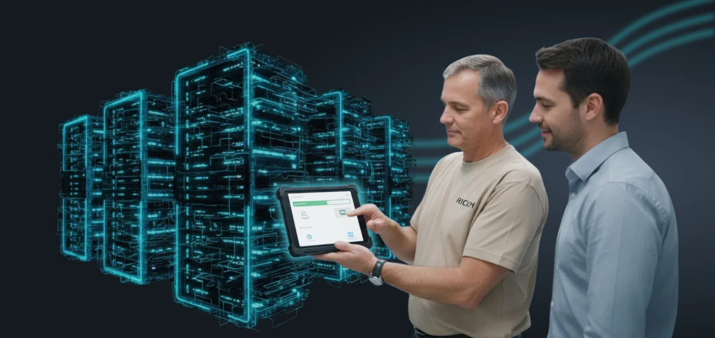 A 3D render illustrating hybrid multi-cloud integration. Two distinct platforms, floating above dark clouds, are connected by streams of bright cyan light and data cubes crossing in an 'X' shape. The platform on the left features crystalline, mountainous structures (representing on-premises or private cloud infrastructure). The platform on the right features a wireframe, cubic grid structure (representing a public cloud or hyperscaler). The connection lines symbolize seamless data flow and integration between different environments.