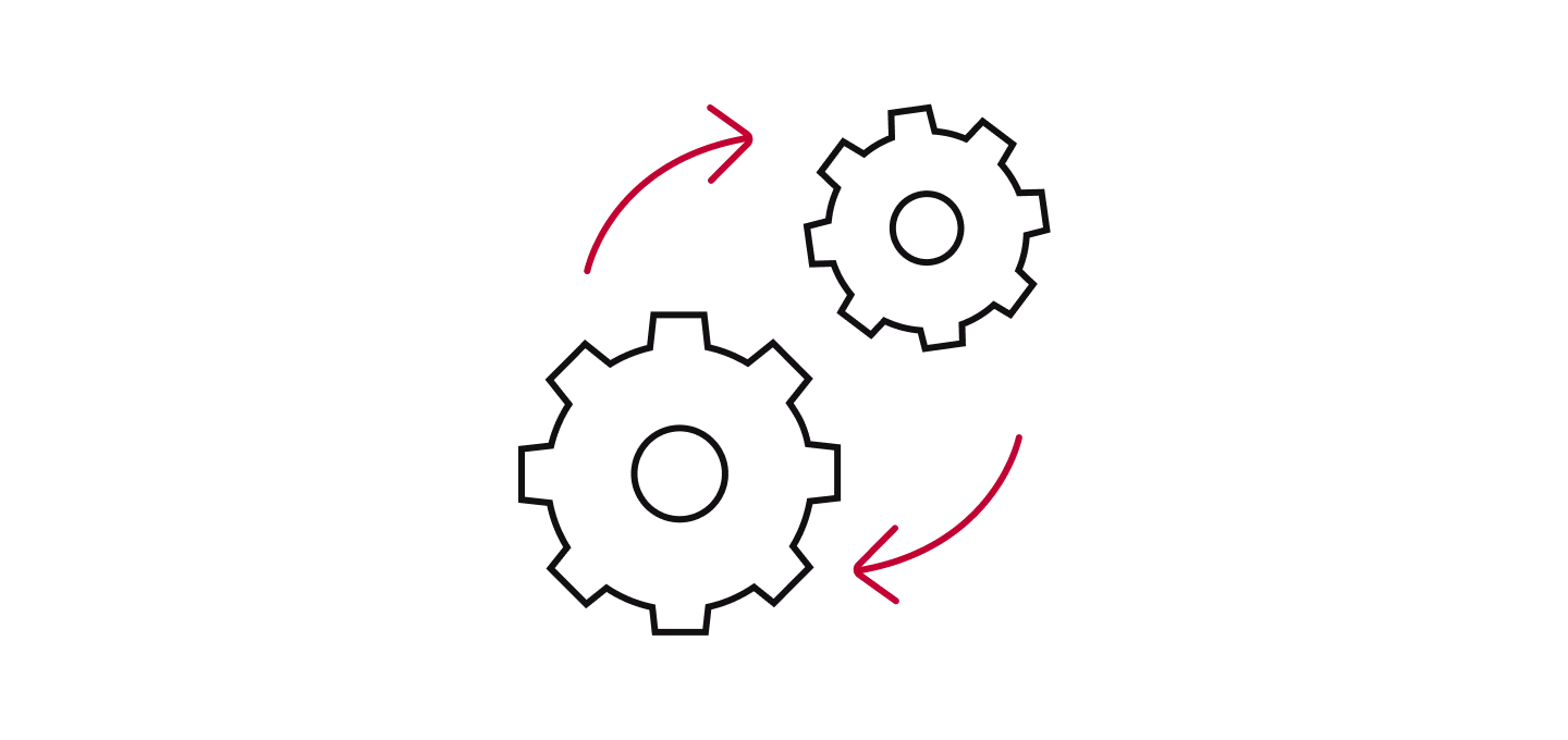 Icon of two interlocking gears (one large, one small) with two curved, red arrows indicating a continuous cycle, process, and efficiency