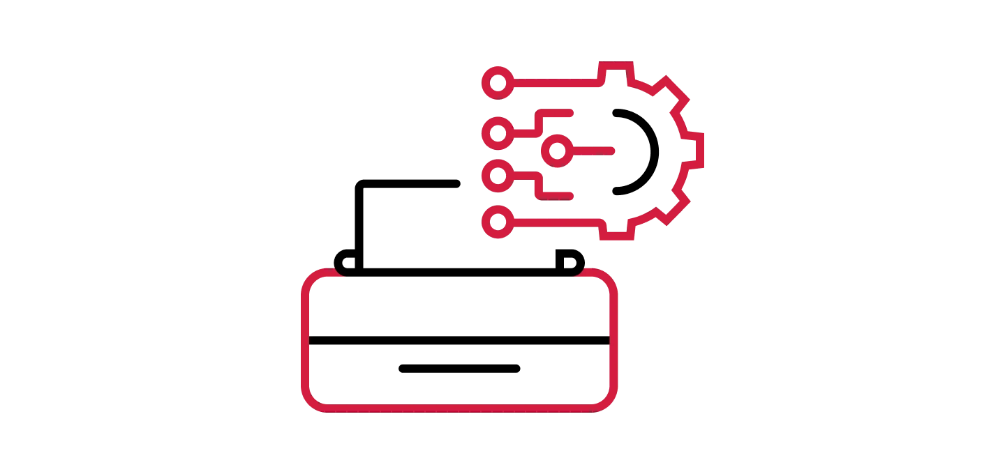 Stylised icon of a printer with a connected cog and circuit lines suggesting automation or smart technology.