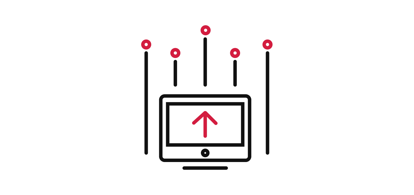 Icon of a desktop monitor showing an upward arrow, with several rising lines capped with red dots emerging from the top, likely representing scalability, capacity, or growth.