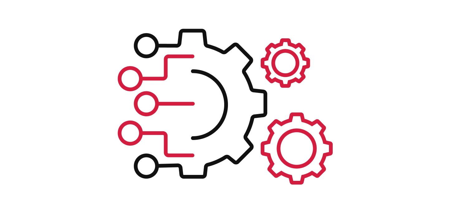 Icon of technology nodes connecting to gears, representing scalable AI, processing, or automation