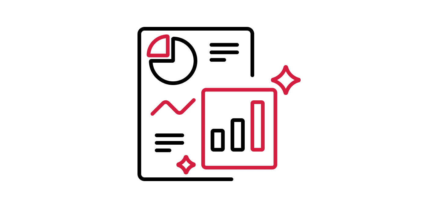 Icon with a red outline: a data block with an 'I', representing information and insights, a jagged line for data flow/analysis, and star shapes for smarter operations and optimization.