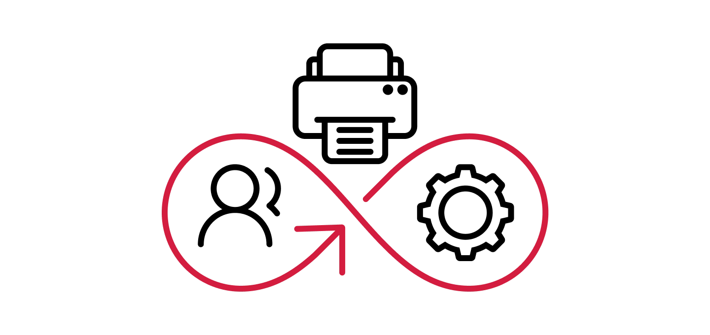 Red infinity-shaped loop with an arrow indicating continuous circular flow, symbolising sustainable print procurement.
