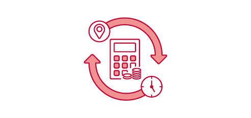 A calculator with a clock and a location pin, all connected by a circular arrow.