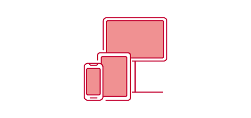 Three red outlined digital devices of varying sizes (smartphone, tablet, and desktop monitor) are arranged together, suggesting cross-device compatibility or a digital workspace.
