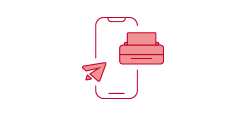 Icon of a red phone with a red printer connected to it, and a red paper airplane indicating sending.