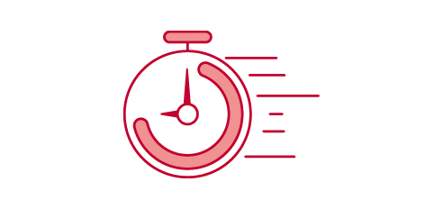 Icon of a red clock with a curved arrow and motion lines, indicating speed or time.