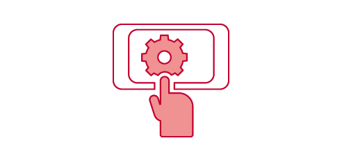 Icon of a red hand touching a screen with a red gear inside, representing settings or options.