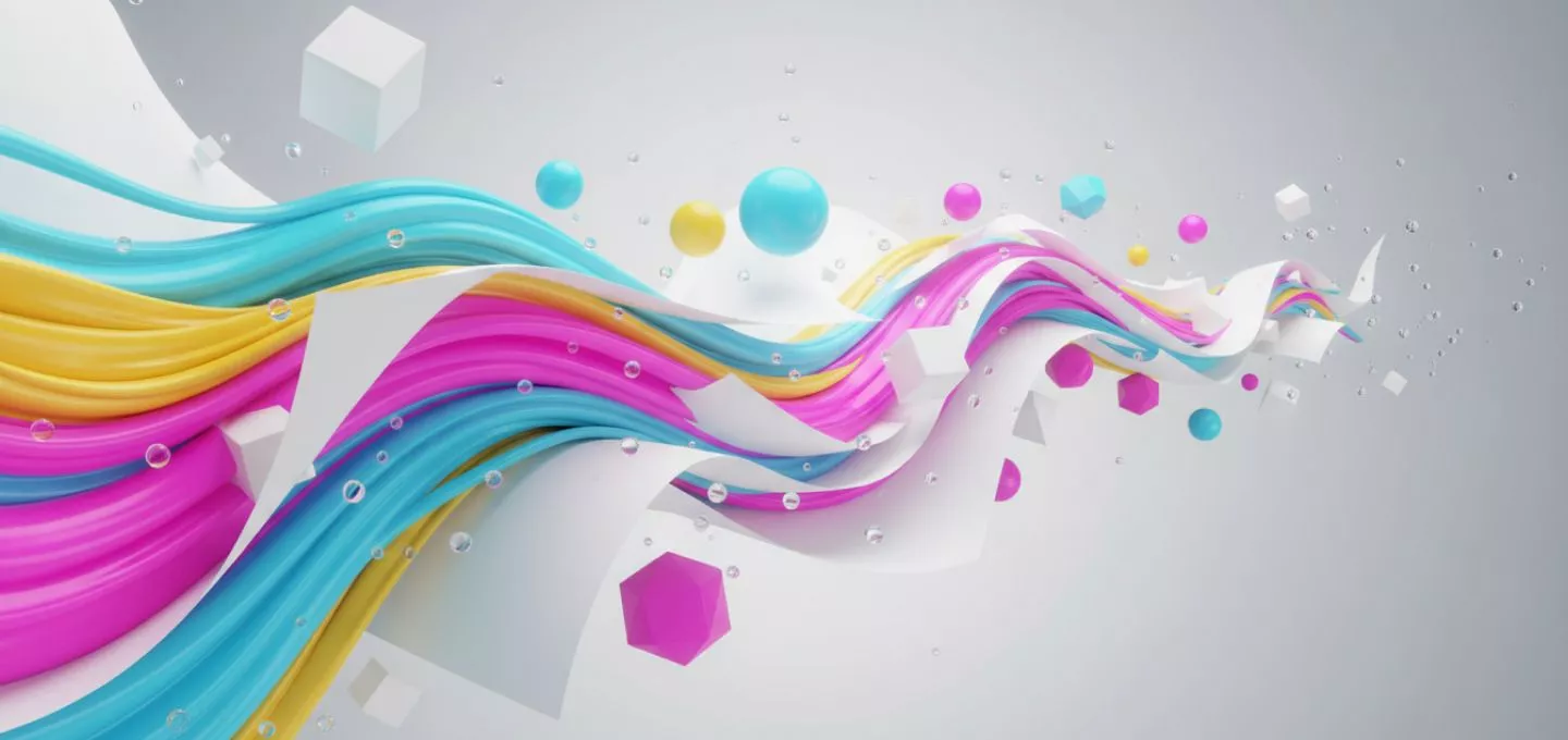  A dynamic and abstract digital rendering featuring flowing ribbons of vibrant colors—teal, yellow, and magenta—intertwined with white, folded paper-like elements. The design is accented with floating 3D shapes, including white cubes, teal and pink spheres, and pink hexagons, all interspersed with small, clear droplets. The image suggests a combination of precise design and bold, durable color.