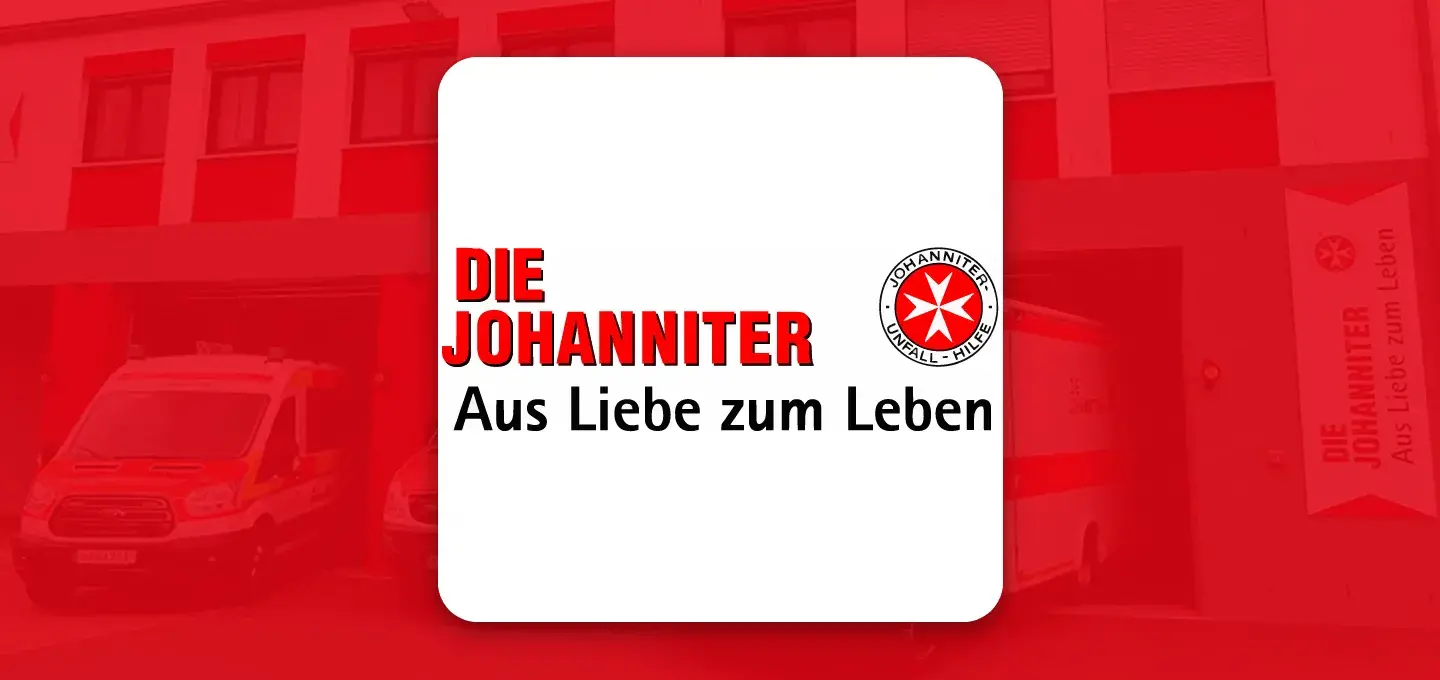 Red-tinted banner with Johanniter ambulances and logo