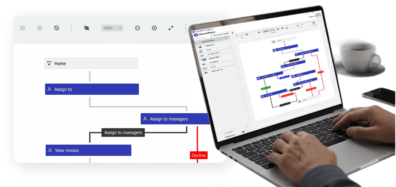 A laptop screen displays a more complex flowchart with color-coded paths in blue, green, and red, illustrating different process stages and decision points.