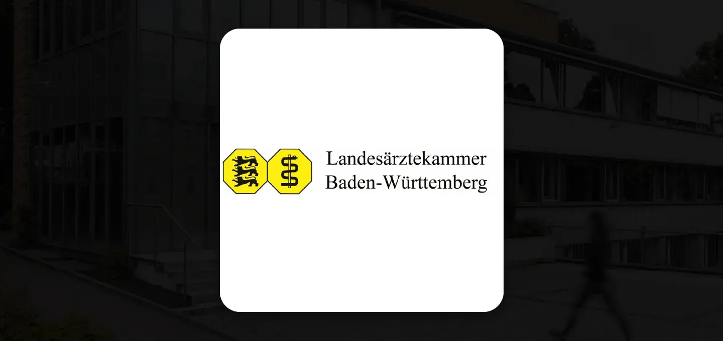Logo of Landesärztekammer Baden-Württemberg features two yellow hexagons with black symbols: a lion on the left and a medical caduceus on the right. 