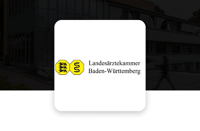 Logo of Landesärztekammer Baden-Württemberg features two yellow hexagons with black symbols: a lion on the left and a medical caduceus on the right.