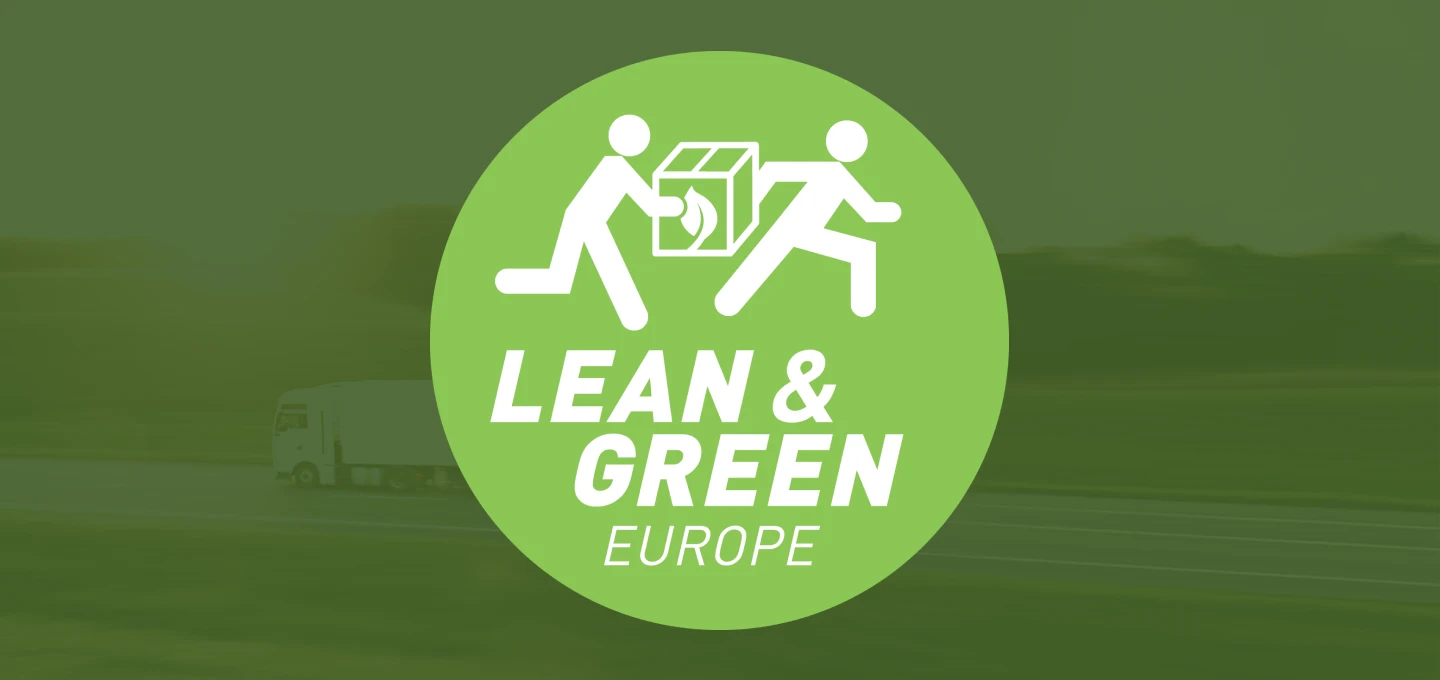 Green circular “Lean & Green Europe” logo with figures carrying a box and a faint truck in the background.