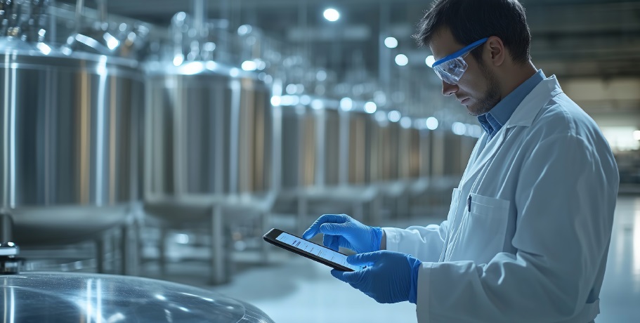 A person wearing a white lab coat, blue gloves, and blue safety glasses is looking at a tablet in a room with large, shiny metal containers.