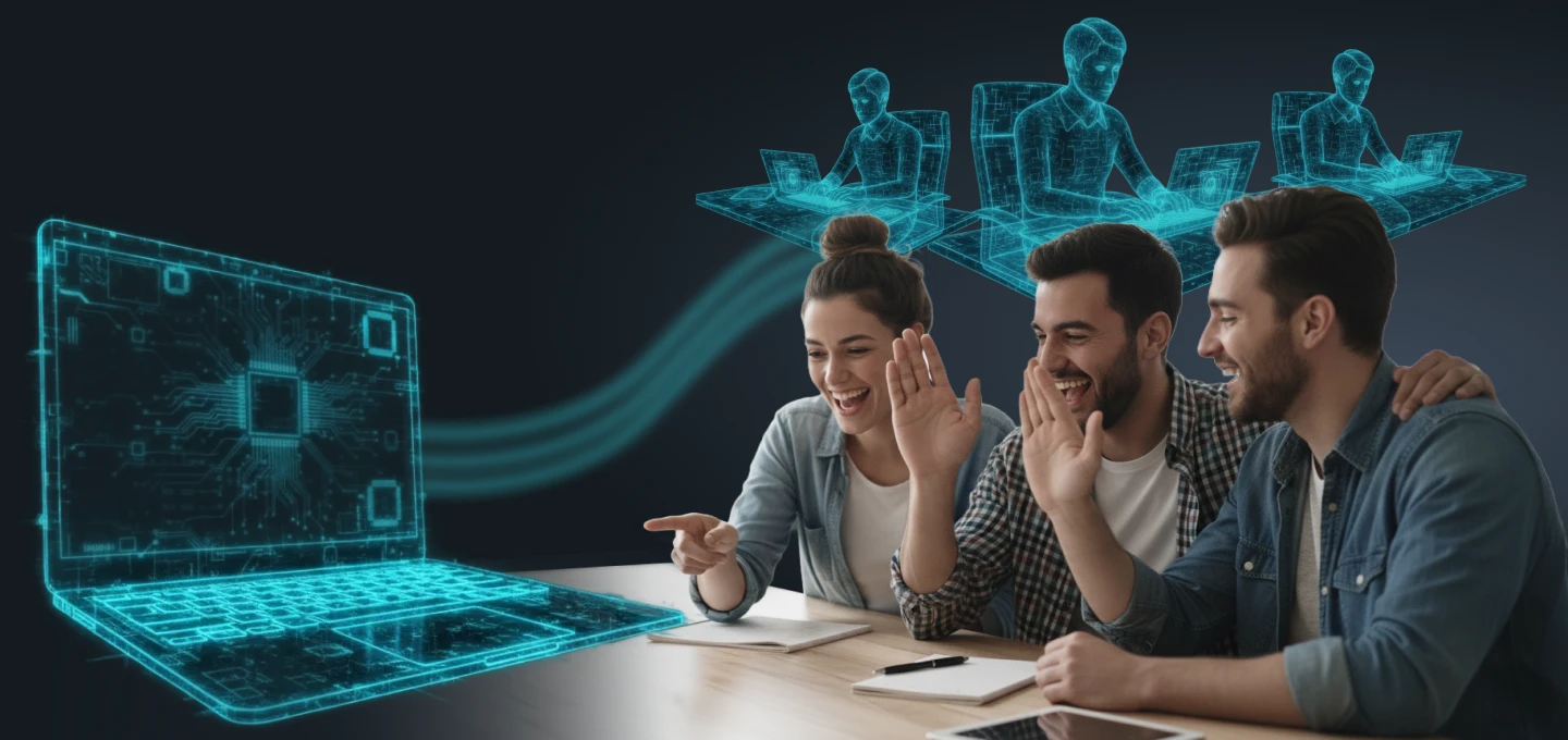 A 3D render illustrating modern, connected work environments. A circular, dark metallic ring structure floats above dark clouds, serving as a central hub or platform. Various glowing cyan devices, primarily stylized laptops and tablets, are positioned around the ring and connected to the center by streams of light. The image symbolizes a centralized, secure, and collaborative digital workspace for a distributed workforce.