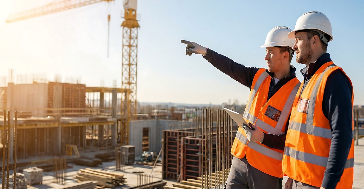 Construction site professionals reviewing plans and pointing onsite for efficient project planning and infrastructure development.