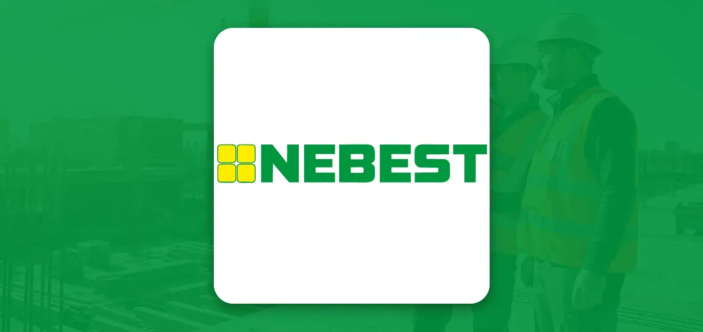 Logo of Nebest on a white background with a green overlay. 