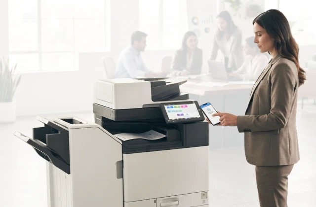 Office worker using smartphone beside multifunction printer, with team meeting blurred in modern office background