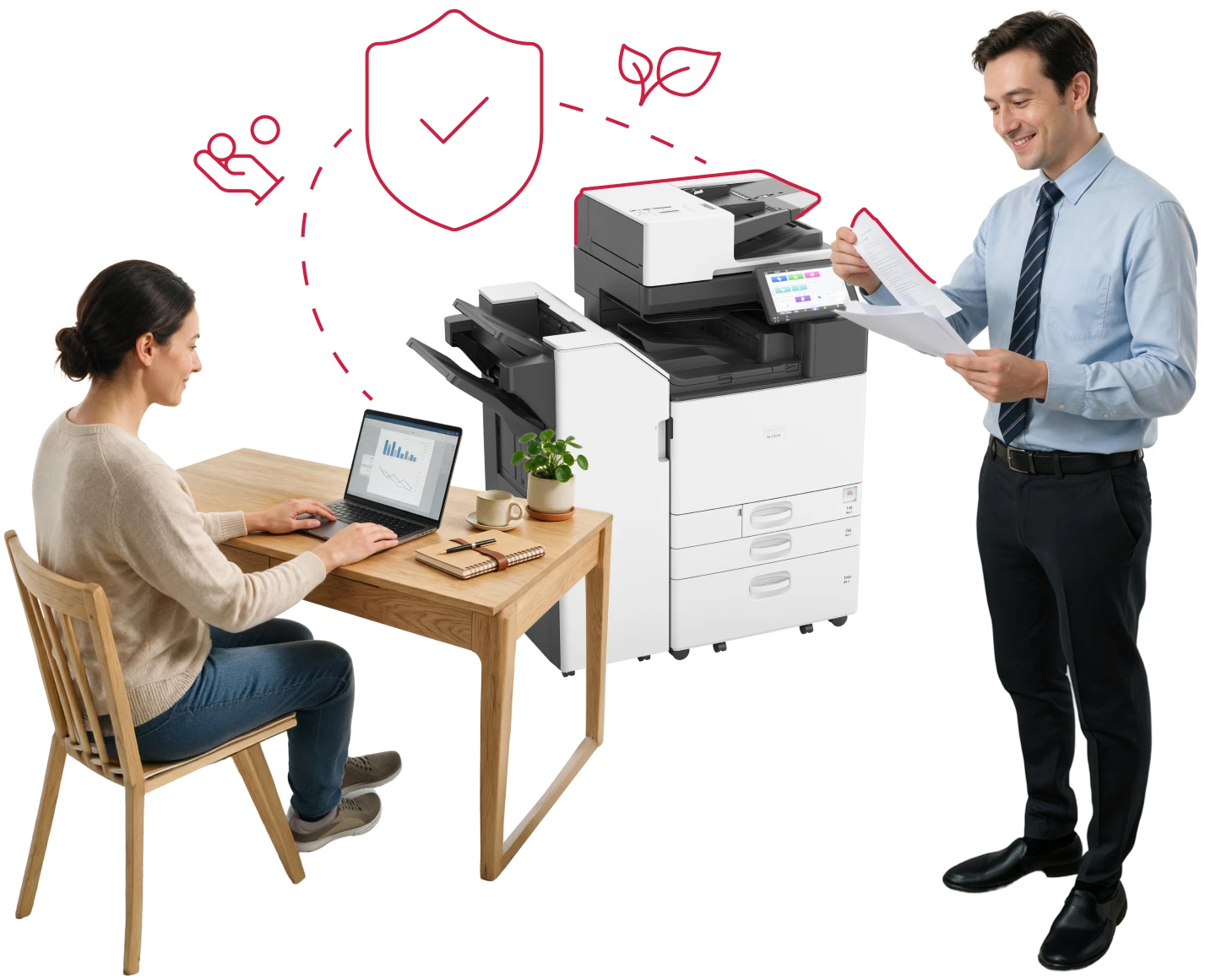 Two office workers connect laptop and multifunction printer, with icons for secure, eco‑friendly document printing.