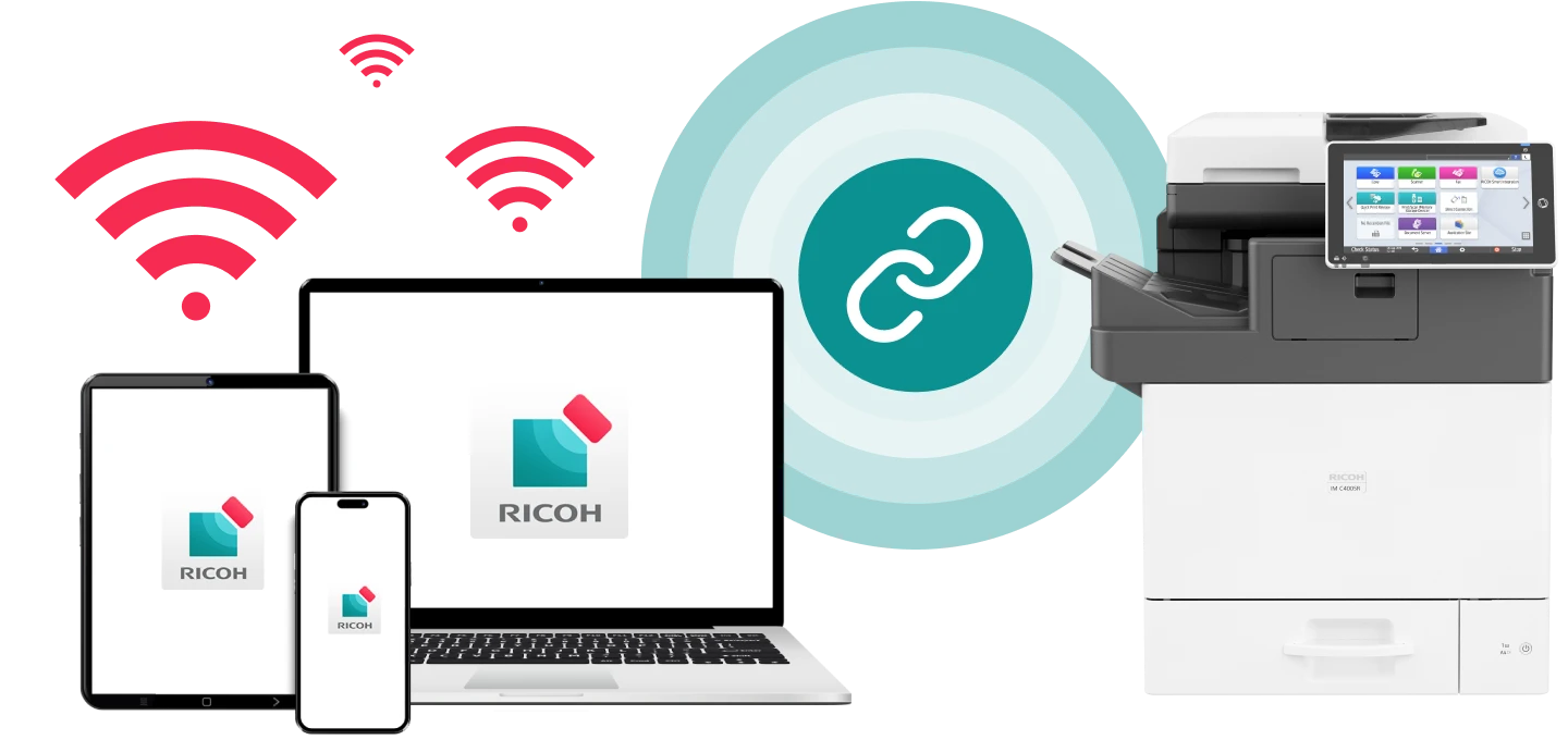 A laptop, tablet, and phone displaying the Ricoh Smart Device Connector logo, illustrating its multi-platform accessibility for printing.