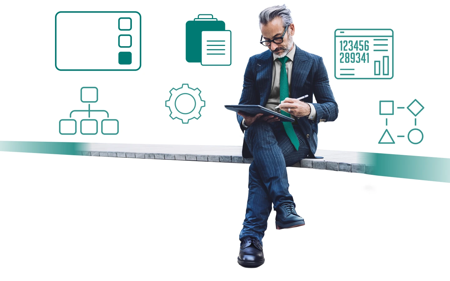 A man with grey hair and glasses, wearing a suit and tie, is sitting on a bench while using a tablet. Business-related icons surround him.