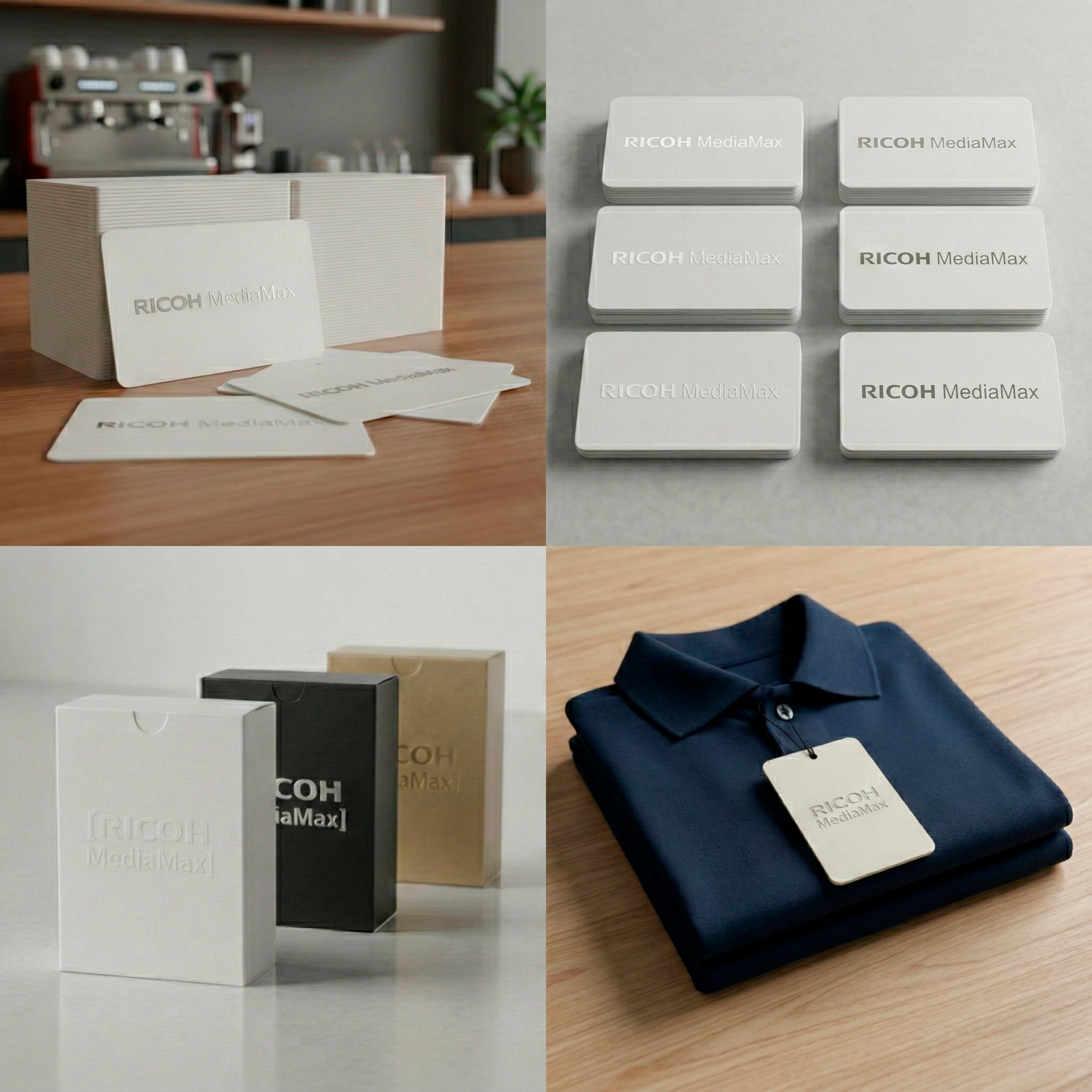 Ricoh MediaMax packaging and display solutions showcased on a worktop, featuring cardboard boxes and retail stands.