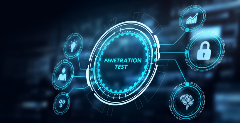Futuristic interface with "Penetration Test" in center, surrounded by icons like lightbulb, person, padlock, and graph, symbolizes cybersecurity concepts.