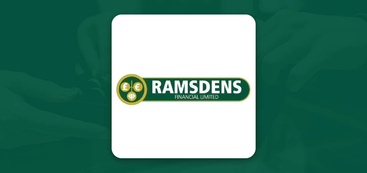 Logo of Ramsdens Financial Limited, featuring a green and gold color scheme with currency symbols (£, €, $) on the left, and the company name prominently displayed.