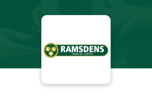 Logo of Ramsdens Financial Limited, featuring a green and gold color scheme with currency symbols (£, €, $) on the left, and the company name prominently displayed.
